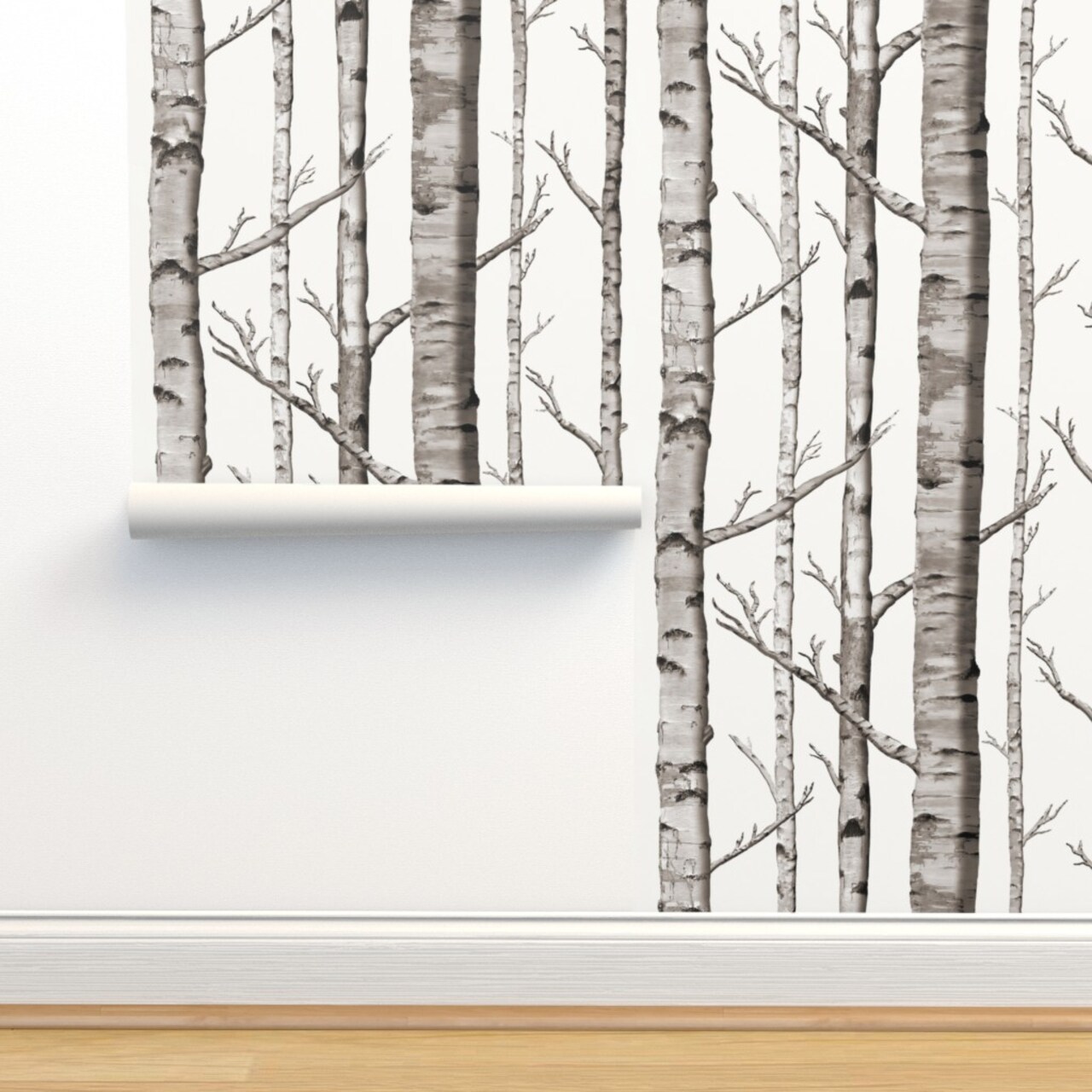 Grey Woodland Forest Aspen Birch Winter Cabincore Custom Pre-pasted Wallpaper by Spoonflower Pre-Pasted Wallpaper 2FT Wide